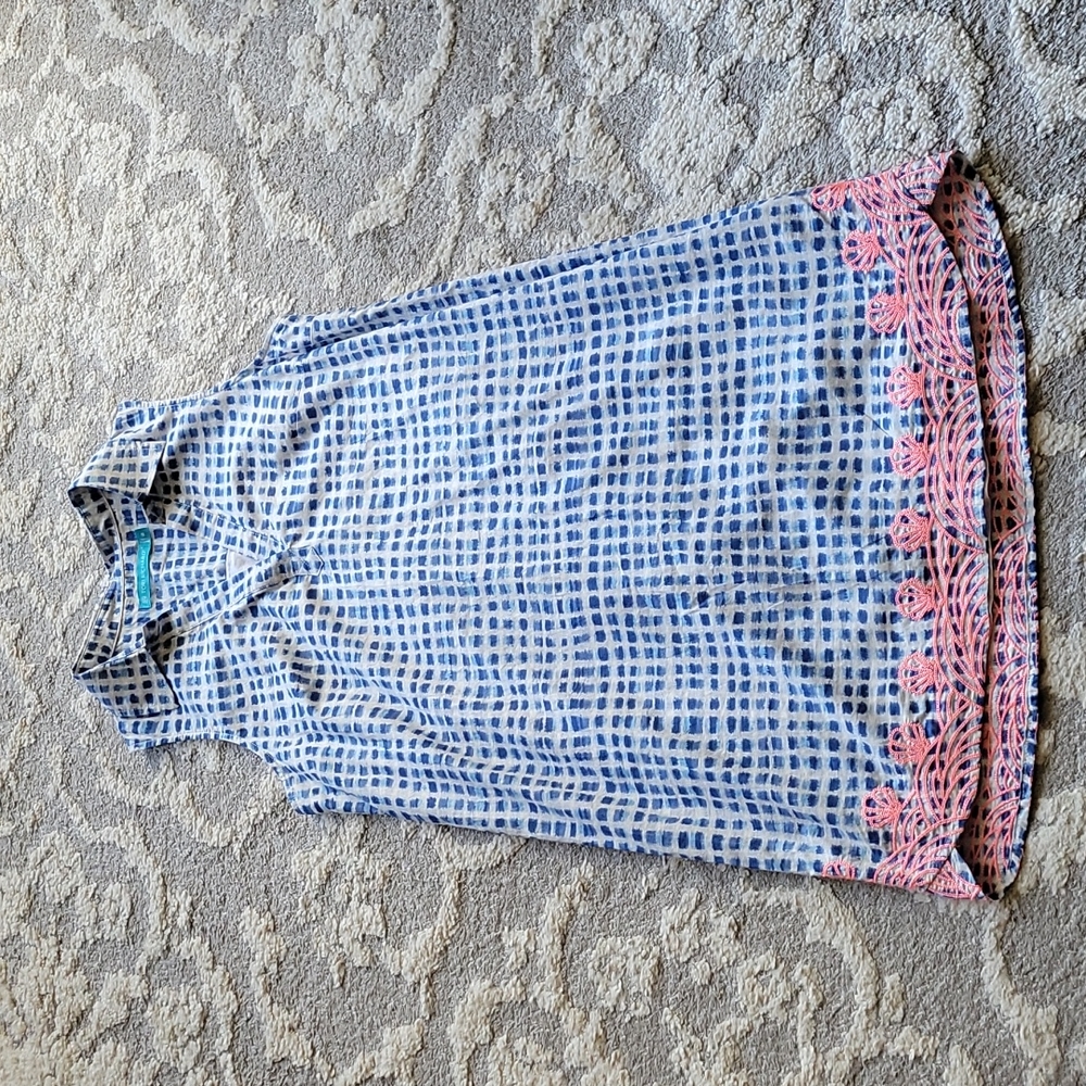 Tori Richard Blue Gingham Embroidered Shell V Neck Sleeveless Collar Dress 6